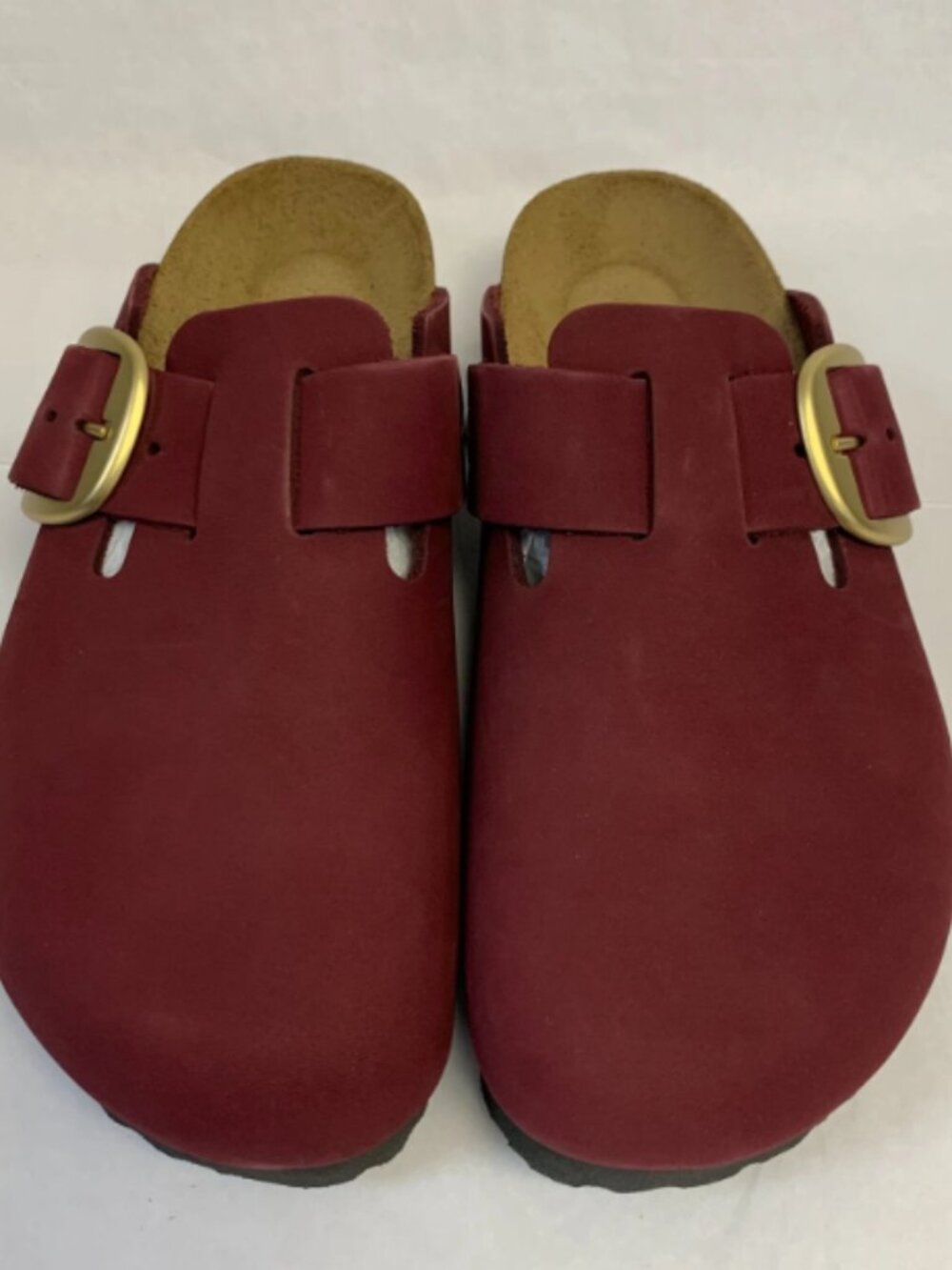 Birkenstock Boston Big Buckle Maroon Nubuck Leather Narrow Width Sandals